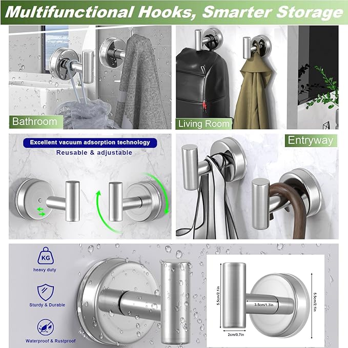 VINHOLD Suction Cup Hooks for Shower, Shower Hooks for Hanging Towels, Robes, Bath Balls, Stainless Steel Towel Hooks for Bathroom Wall, Glass Door, Kitchen, Mirror, Tile (2 Pack，Silver)