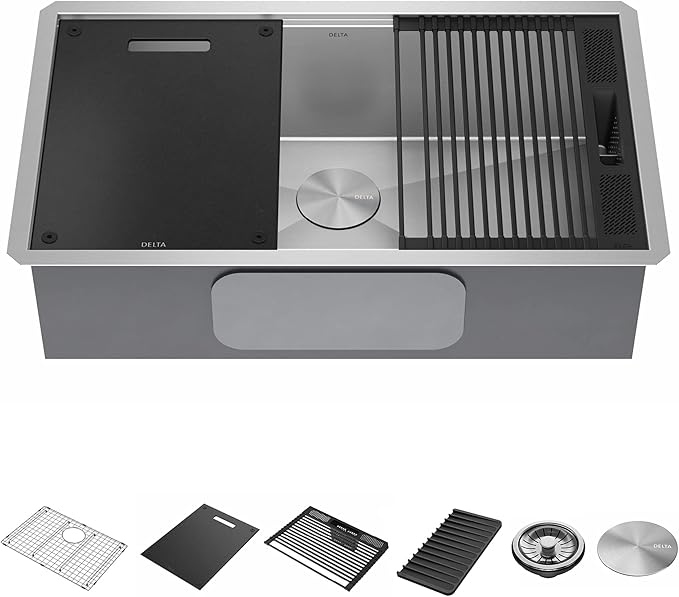 DELTA FAUCET DELTA Rivet 32-Inch Workstation Kitchen Sink Undermount 16 Gauge Stainless Steel Single Bowl with WorkFlow Ledge and Chef’s Kit of 6 Accessories, 95B931-32S-SS