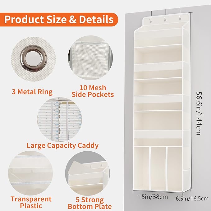 1 PC Over the Door Diaper Organizer with 1 Large Capacity Caddy, 4 Shelf & 10 Mesh Side Pockets, Baby Stuff Hanging Caddy Storage and Newborn Essentials Closet Organizer for Nursery, Bedroom