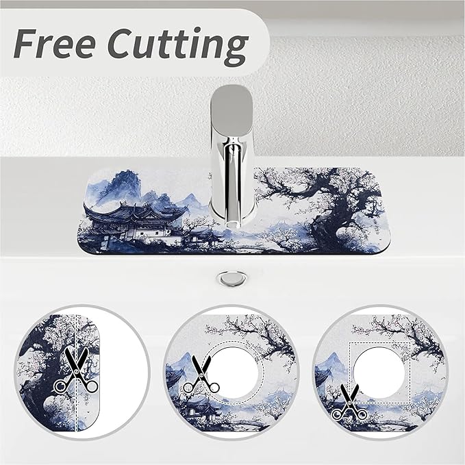 Kitchen Sink Splash Guard，Black White Ink Landscape Faucet Mat Sink Gadgets-Super Absorbent Fast Drying Mat Drip Catcher for Kitchen, Bathroom,Sink Mat, Dish Drying Mat, Bathroom(15" X 5.5" )