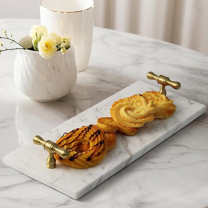 Marble Napkin Holder, Guest Towel Holder Tray, White Marble Tray for Bathroom & Kitchen Countertop with Brass Handles, Decorative Bathroom Napkin Holder for Home Decor