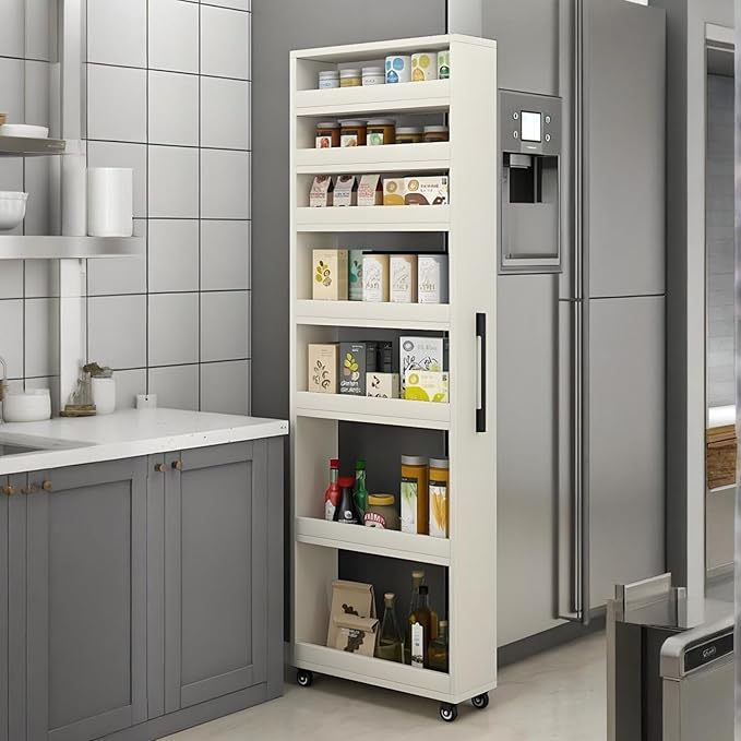 7 Tier Standing-Shelf with Wheels, 5.9/7.9/9.8'', Wooden Slim Storage Cart, Thickened Plate, Scratch-Resistant and Wear-Resistant, for Home, Kitchen, Bakers, Closet, Pantry, Dining Room