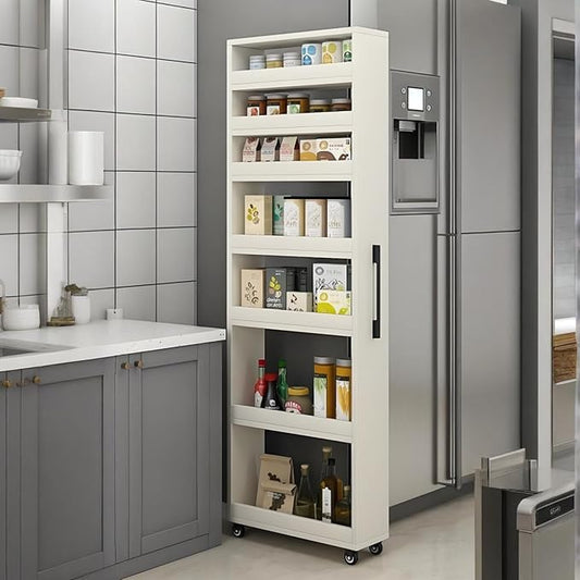 7 Tier Standing-Shelf with Wheels, 5.9/7.9/9.8'', Wooden Slim Storage Cart, Thickened Plate, Scratch-Resistant and Wear-Resistant, for Home, Kitchen, Bakers, Closet, Pantry, Dining Room