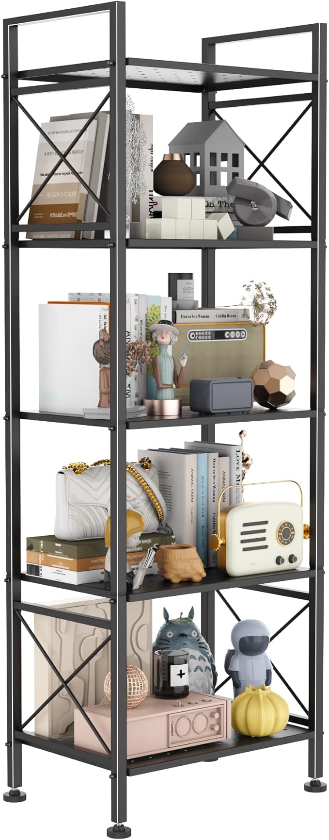 GIOTORENT 5-Tier Industrial Metal Bookcase, Narrow Bookshelf for Bedroom & Living Room - Tall Storage Shelf for Books Movies CDs, 16.8" W x 12.8" D x 53.8H, Black