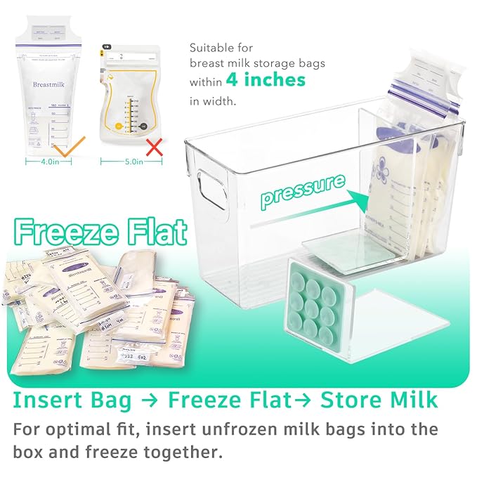 Breastmilk Storage Container with L Shaped Separator Boards, Dividers Will Flatten Standing Breast Milk Bags in Organizer Bins Save Refrigerator Space | 2 Containers-Green