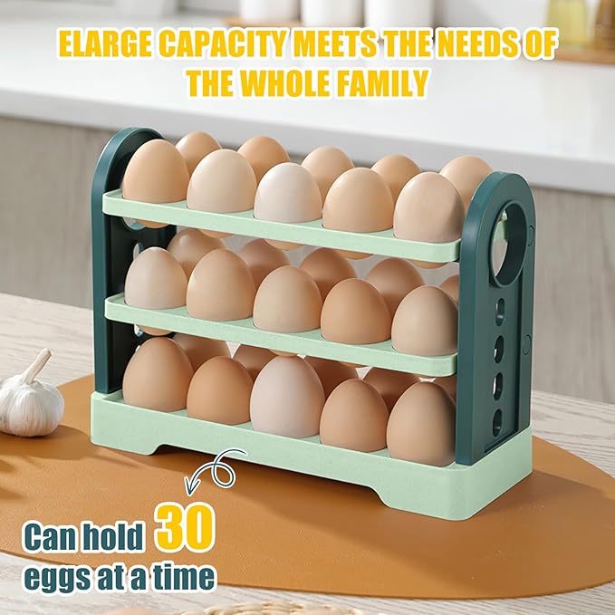 Flippable Egg Holder For Refrigerator Can store 30 eggs, 3 Layer Egg Storage Container For Refrigerator Side Door, Large Capacity Egg Container, Egg Organizer, Egg Storage 30 Count (green)