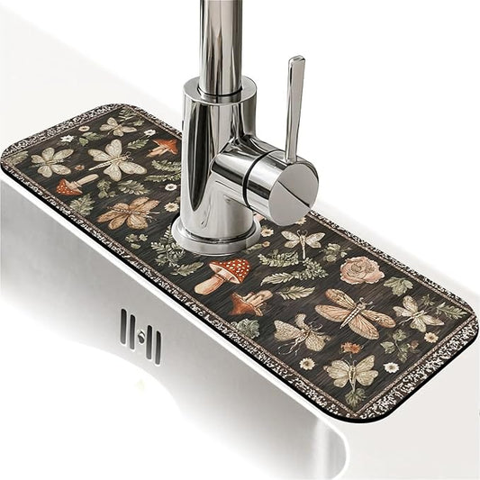 Kitchen Sink Splash Guard，Mushrooms dragonflies moths Faucet Mat Sink Gadgets-Super Absorbent Fast Drying Mat Drip Catcher for Kitchen, Bathroom,Sink Mat, Dish Drying Mat, Bathroom(15" X 5.5" )