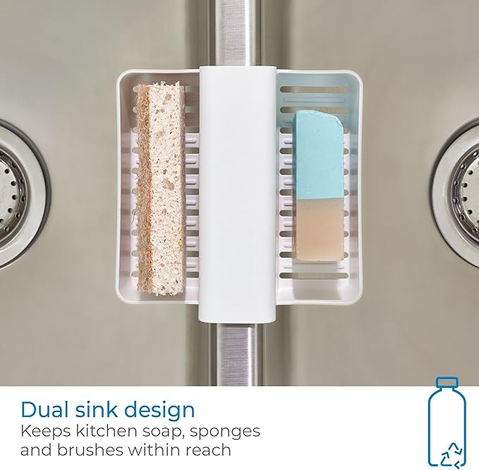 iDesign Sink Saddle Caddy for Kitchen Sink - Sink Saddle for Double Sink with Sponge Holder - White