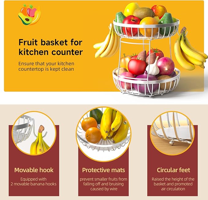 2 Tier Fruit Basket for Kitchen Counter with 2 Banana Hangers, 2025 Pro Detachable Metal Fruit Bowl with Wooden Handle,Fruit Holder for Bread Snack Veggies, Silvery Extra Large