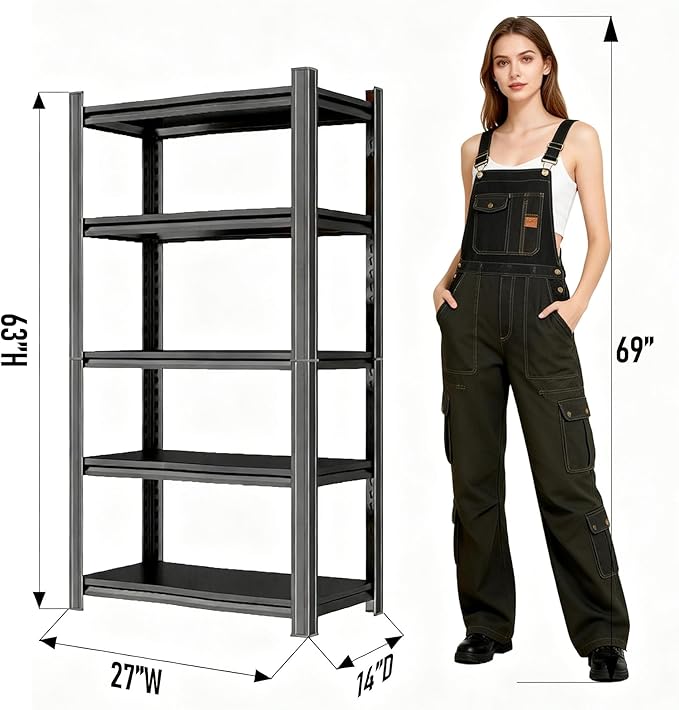 Metal Garage Shelving Unit, Heavy Duty 5-Tier Adjustable Storage Rack, Steel Shelving,2000 lbs Capacity, Industrial Shelves for Heavy Tools and Equipment (5-Tier 63" H x 27" W x 14" D)