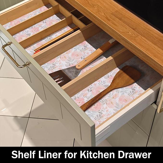 Amiitay Floral Shelf and Drawer Liner for Kitchen,12IN x 20FT Non-Adhesive and Strong Non-Slip Peony Cabinet Drawer Liners for Kitchen Shelf, Waterproof Cupboard Liners,Easy to Clean
