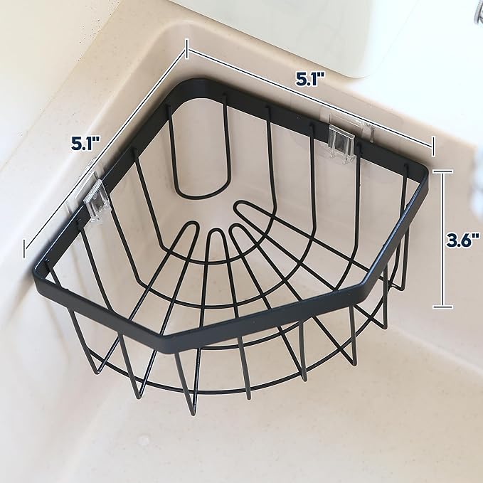 Sea Team Adhesive Corner Caddy, Sink Organizer, Soap, Drain Plug, Sponge Holder, Multifunctional Rustproof Carbon Steel Storage Basket, Wall Mounted Shelf Rack for Kitchen, Bathroom, Black
