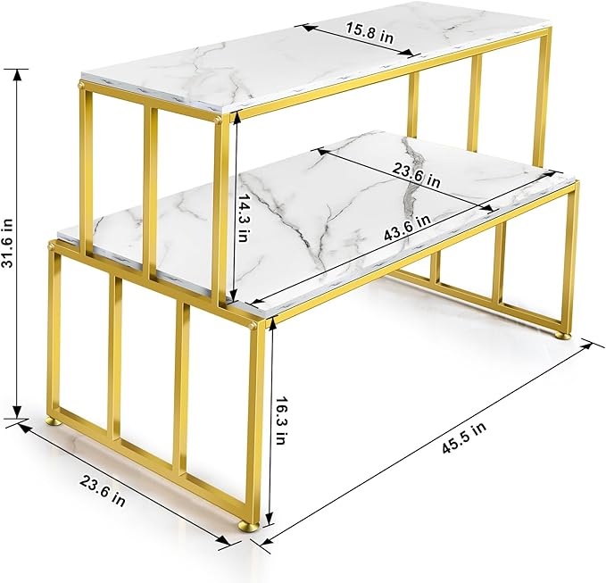 Metal Shoe Handbag Display Stand, 2 Tier Heavy Duty Display Table, Modern Standing Display Riser Shelf for Retail Stores, Iron and Wood, Gold