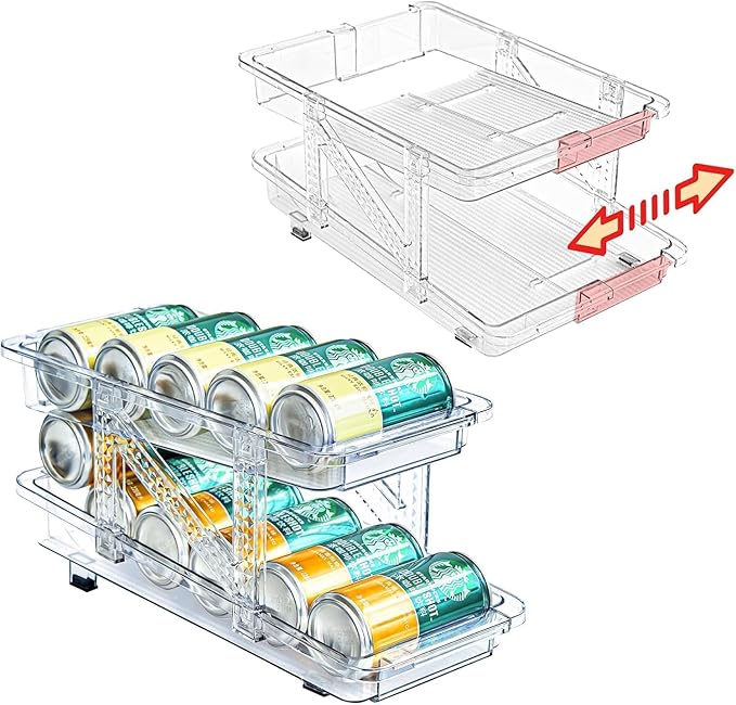 Stackable Clear Soda Can Beverage Pop Can Holder Dispenser 13.77”D X 9. 37”W X 6.41”H Expandable Refrigerator Organizer Holds 10 Cans For Pantry, Kitchen Storage
