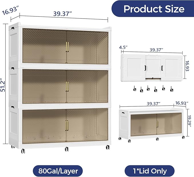 Fangtueh 240 Gallon Extra Large Collapsible Storage Bin with Lid, 960QT Stackable Plastic Organizer with 6x Wheels, Foldable Drawer Cabinet for Closet, Living Room Office, Kitchen 3Pack, White