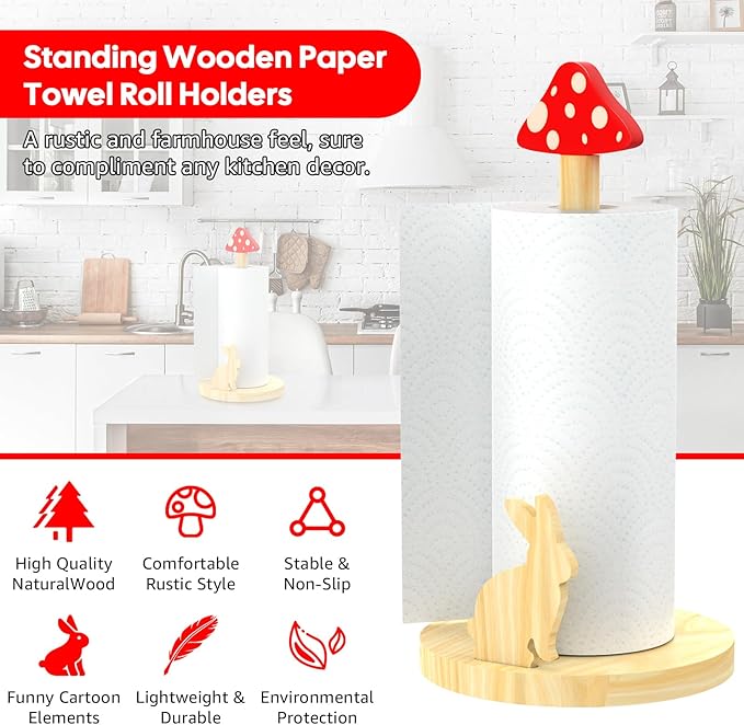 Paper Towel Holder, Mushroom Cottagecore Decor Kitchen Paper Roll Stand, Rustic Countertop Towel Dispenser Wooden, Farmhouse Cute Paper Hanger Rack with Whimsical Animal-Inspired Design