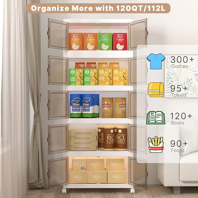 VNVTO 600Qt Stackable Storage Bins with Lids, 5 Pack Large Collapsible Bins with Wheels, Plastic Cabinet with Doors, Foldable Closet Organizers and Storage for Home, Dorm, Office, White