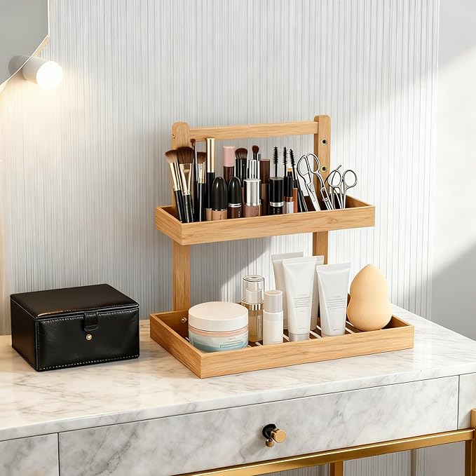 Bamboo Undersink Organizer Storage - 2-Tier Cabinet Shelf with Adjustable Levels, Under Sink Storage Slide Out for Cabinet Pantry Kitchen Bathroom