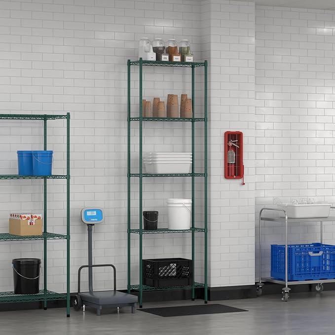 Commercial NSF Listed Green Epoxy Stationary Wire Shelving Kit 12" x 30" x 96", with 5 Shelves Perfect for Warehouse, Walk-in Refrigerator, Freezer, Grocery Store, Restaurant, Dishroom