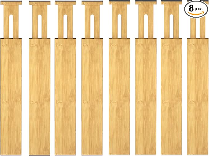 Bamboo Drawer Dividers,12-21" Adjustable Drawer Organizers for Clothes,Expandable Dresser Separators in Kitchen/Bedroom/Bathroom/Vanity/Office Organization and Storage,8-Pack