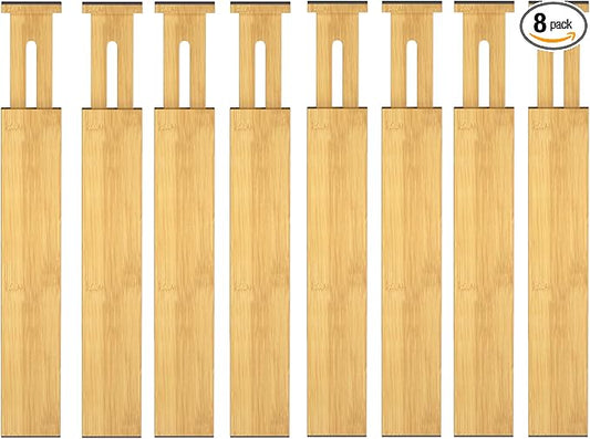 Bamboo Drawer Dividers,12-21" Adjustable Drawer Organizers for Clothes,Expandable Dresser Separators in Kitchen/Bedroom/Bathroom/Vanity/Office Organization and Storage,8-Pack