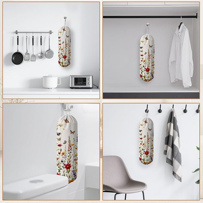 Plastic Bag Holder, Grocery Bag Organizer Storage, Kitchen Dispenser Holders Reusable Shopping with Adjustment Drawstring Closure for Kitchen Farmhouse Decor, Flower and Butterfly