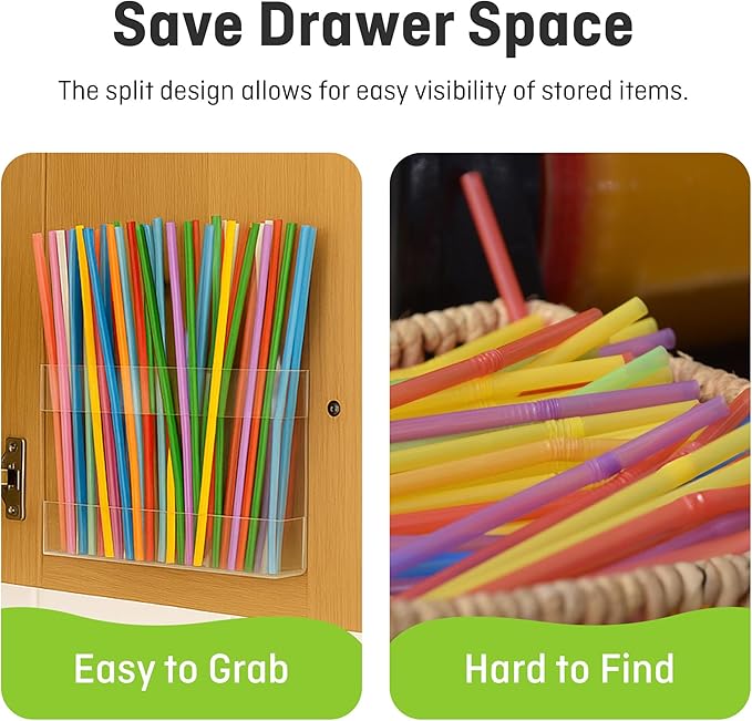 9.5” Large Acrylic Straw Holder for Cabinet Door - Reusable Tumbler Straw Organizer Storage for Kitchen Counter - Space- Saving Kitchen Accessories Cabinet Dispenser