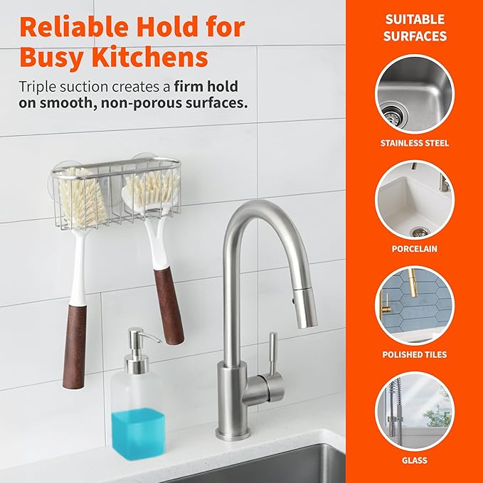 Best Brands IMUSA Sponge Holder for Kitchen Sink—Brushed Metal Sink Organizer with Triple Suction Cups, Compact Caddy for Sponges, Brushes, Soap & Everyday Kitchen Cleaning Essentials