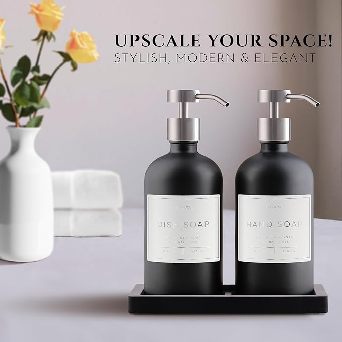Lotion, Hand & Dish Soap Dispenser for Kitchen & Bathroom | Soap Dispenser Set of 2 16.8 Oz Glass Bottles with Stainless Steel Pump, 15 Water Proof Labels & Silicon Tray (Black/Silver)
