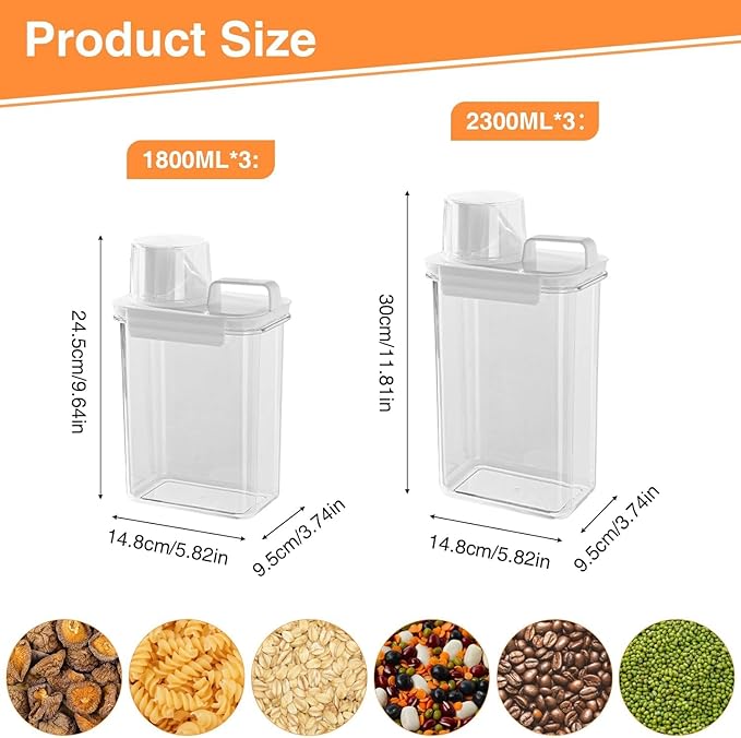 6-Piece Airtight Food Storage Container Set with Measuring Cup, Cereal Dispenser with Pouring Spout for Rice, Flour, Grain, Pet Food, 1800ml and 2300ml