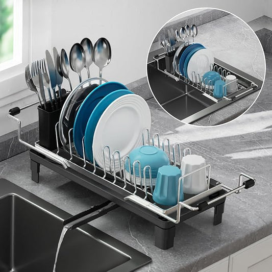 GSlife Small Dish Drying Rack for Counter or Over Sink, Stainless Steel Expandable Dish Drainer with Drain Board and 360° Swivel Drain Spout, Compact for RV, Camper, 1-2 People, Narrow 6.5" W, Silver