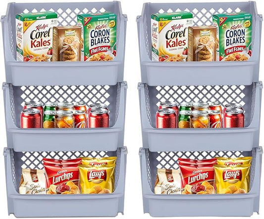 Skywin TidyFriend 6 Pack XLarge Plastic Stackable Storage Bins Open Front for Pantry Organizers and Storage, Pantry Storage for Kitchen and Home Organization, Dorm Room Essentials (Light Grey)