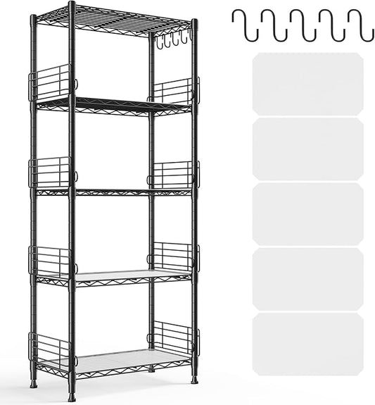 5 Tier Metal Shelving Unit Pantry Storage Shelves with Side Blockers Adjustable Metal Wire Shelf with Hooks & Shelf Linker Standing Storage Rack for Kitchen Pantry Bathroom Closet,13.8"Dx21.7"Wx59.1"H