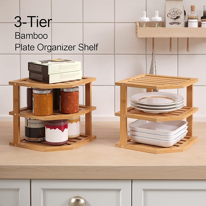 3 Tier Bamboo Corner Shelf(2 Pack),Plate Organizer,Dish Drying Rack,Kitchen Spice Rack for Countertop and Cabinet