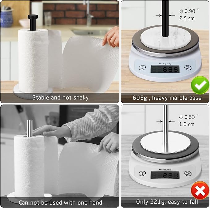 Paper Towel Holder Countertop with Weighted White Marble Base - Modern Free Standing Paper Roll Holder, Matte Black Stainless Steel Stand Paper Towel Holder for Kitchen and Bathroom