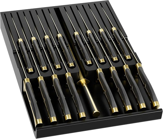 Domax Bamboo In-drawer Knife Block - Kitchen Knife Drawer Organizer Insert, Knife Holder without Knives Large, Drawer Knife Organizer Fits for 16 knives and 1 Sharpening Steel (Not Included), Black