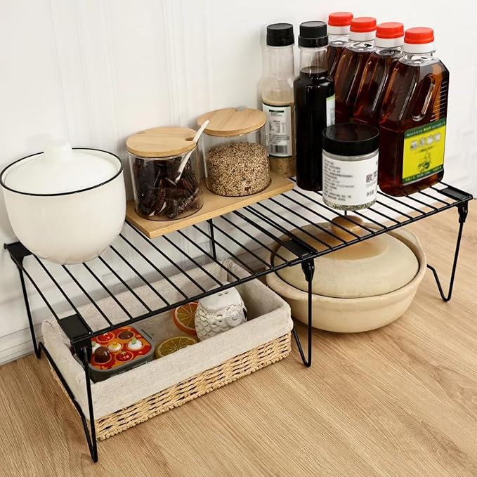 1/2-Piece Set freezer organizer,Stackable Cabinet Organizer Shelves,Foldable Pantry Shelf,Plate, Dish,Rustproof Metal Storage Organizer (1 PC, black)