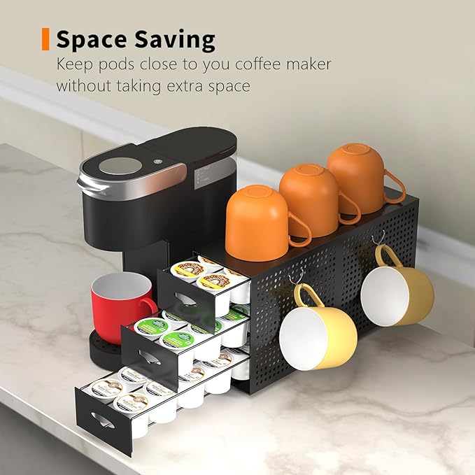 SICHEER Coffee Pod Drawer Holder, 42 Pods Large Capacity, 3 Tier Holder for K Cup Pods, Coffee Pod Organizer for Countertop, Storage Rack for K Cup Pods, Space Saving, (Only Pod Drawer and 2 Hooks)
