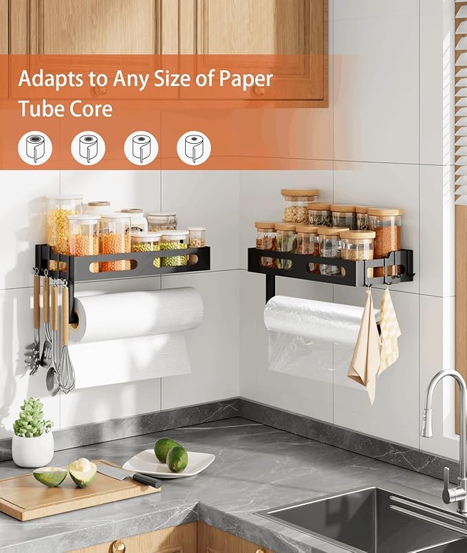 Paper Towel Holder Wall Mount for Kitchen, One-Handed Tear, Bathroom Paper Towel Holder with Shelf, RV Paper Towel Rack Wall Mount Paper Roll Holder with 4 Hooks, Drill Mount/Matte Black
