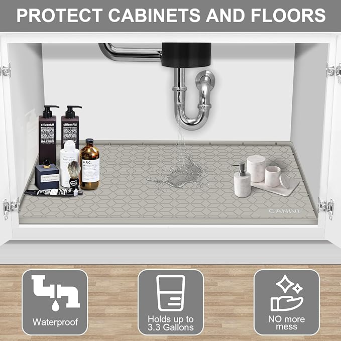 CANIVI Under Sink Mat, 31" x 22" Waterproof Silicone Under Sink Tray for Kitchen & Laundry Cabinets, Kitchen Cabinet Shelf Protector, Up to 3.2 Gallons Liquid, Fits 36 inch Standard Cabinet (Khaki)