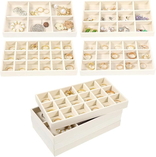 12 Pcs Velvet Jewelry Organizer Trays Set, 4 Styles Stackable Drawer Organizer with Removable Dividers, Storage and Display for Earrings, Necklaces, Bracelets, Rings, Vanity Dresser Storage Box, Beige