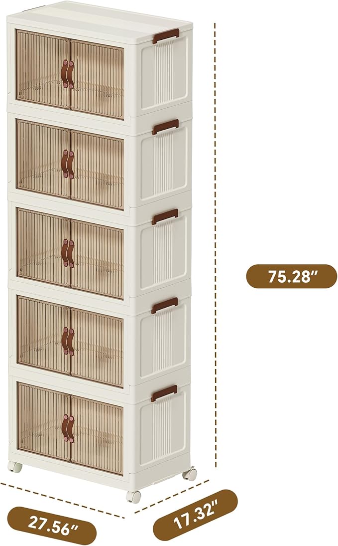 ONAIL 656 QT Large Plastic Storage Bins with Drawer, Stackable Storage Container with Wheel, Collapsible Folding Storage Cabinet Toys, Foldable Closet Organizer for Clothes, Home, Room, White, 5 Tiers