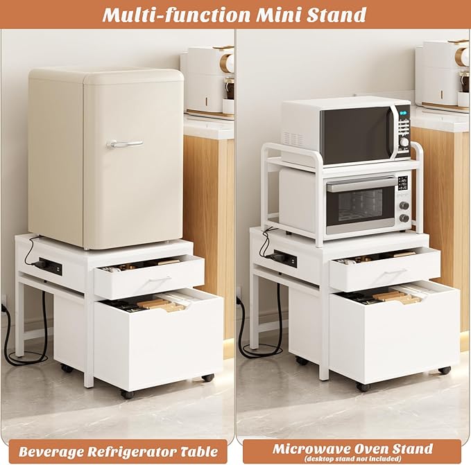 Unikito Mini Fridge Stand with Drawer Storage and Sockets, Heavy Duty Small Refrigerator Stand Cart for Dorm, Apartment, Office, Bedroom, Mini Fridge and Microwave Stand, Hold 300LBS, White