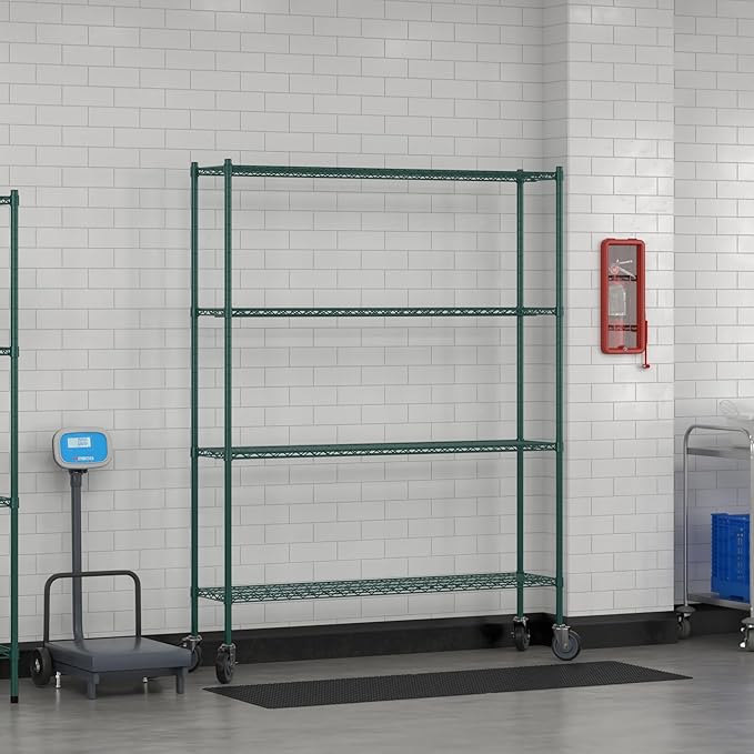 Commercial NSF Listed Green Epoxy Mobile Wire Shelving Kit 14" x 60" x 80", with 4 Shelves Perfect for Warehouse, Walk-in Refrigerator, Freezer, Grocery Store, Restaurant, Dishroom