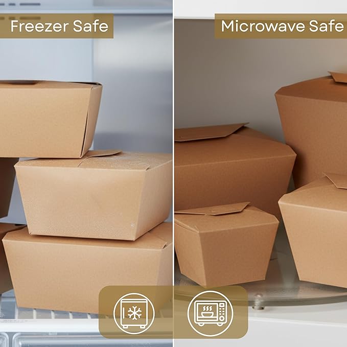 Kraft Paper Take-Out Boxes, PFAS-Free, Grease Resistant, Durable Disposable Food Containers, Microwave/Freezer Safe, Stackable Paperboard for Meal Prep, Catering, Leftovers & Restaurants, 8.4x6.3x1.9