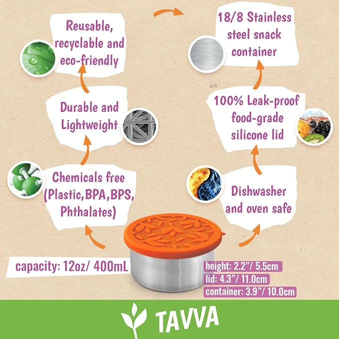 TAVVA 2 X 12 oz Stainless Steel Containers with Lids 12 oz - Leakproof w/Silicone Lids - BPA Free - Dishwasher & Freezer Safe - Portable & Reusable - Stainless Steel Storage Food Snack Containers