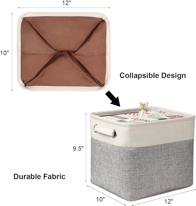 Kntiwiwo Foldable Storage Bin Collapsible Basket 12" x 10" x 9.5" Cube Storage Organizer Bins with Dual Carry Handles for Home Closet Shelves Drawers Organizer, Set of 3, Grey