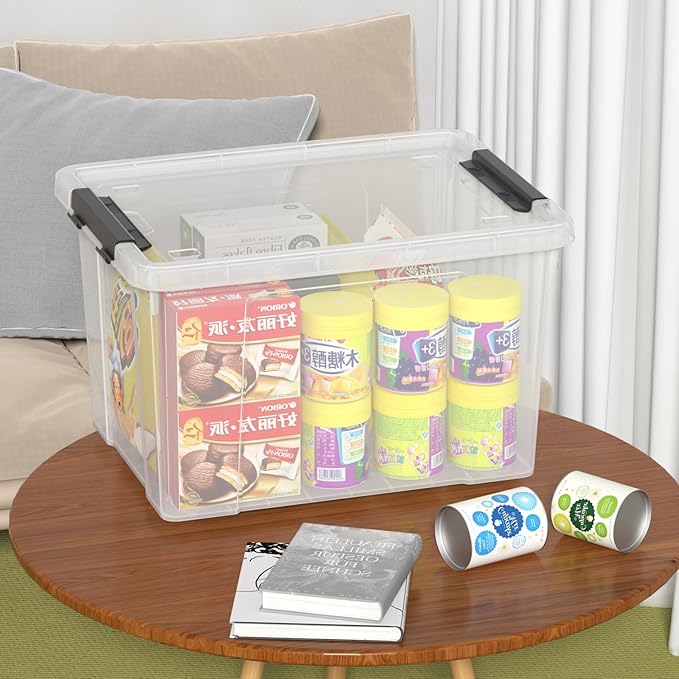 Parlynies 4-Pack 32 L Plastic Storage Box with Lid, Stackable Latch Storage Bin with Wheels, Clear
