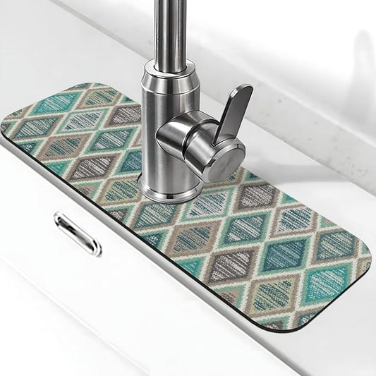 Teal And Brown Boho Style Kitchen Sink Splash Guard Faucet Mat Super Absorbent Fast Drying Mat Sink Gadgets-Fast Drying Pad Sink Mat For Kitchen Bathroom (15" X 5.5" )