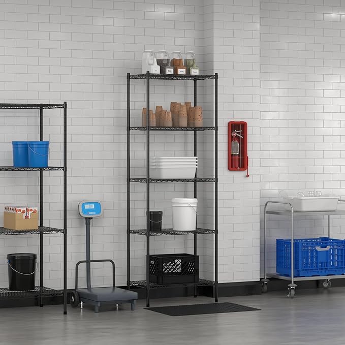 Commercial NSF Listed Black Epoxy Stationary Wire Shelving Kit 18" x 30" x 86", with 5 Shelves Perfect for Warehouse, Walk-in Refrigerator, Freezer, Grocery Store, Restaurant, Dishroom